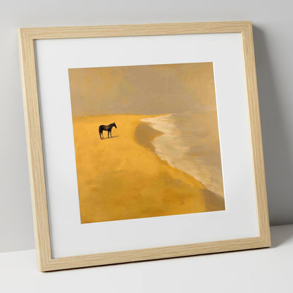 Golden Shoreline Solitude horse landscape art print in natural frame