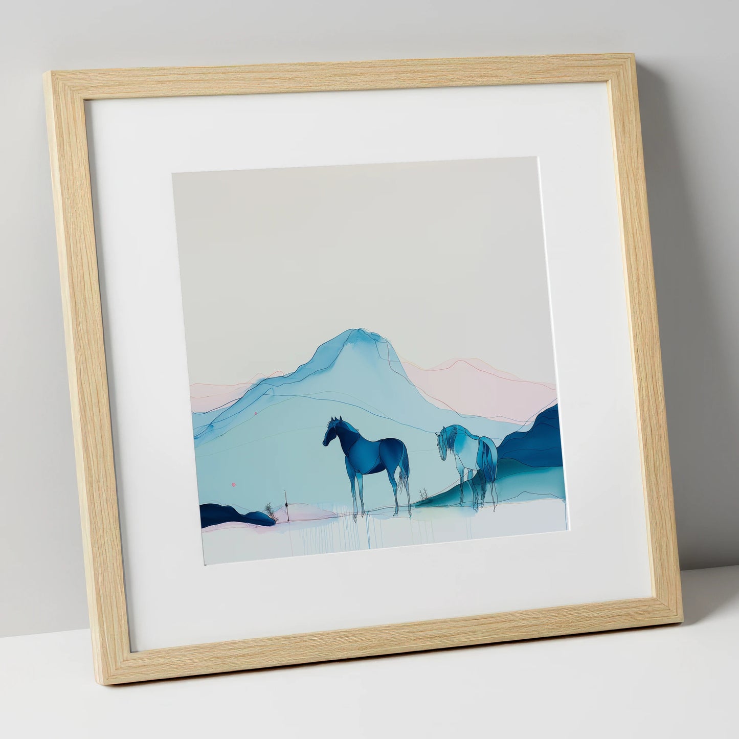 Azure Mountain Serenity horse landscape art print in natural frame
