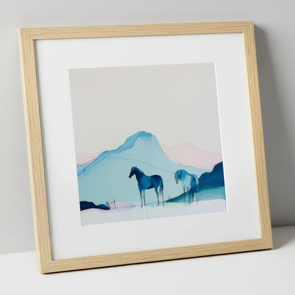 Azure Mountain Serenity horse landscape art print in natural frame