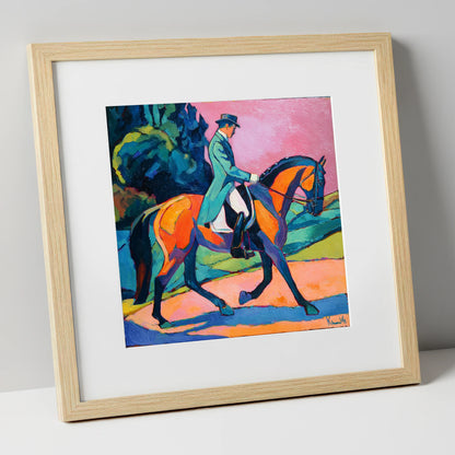 Bold Dressage Harmony dressage horse art print in natural frame
