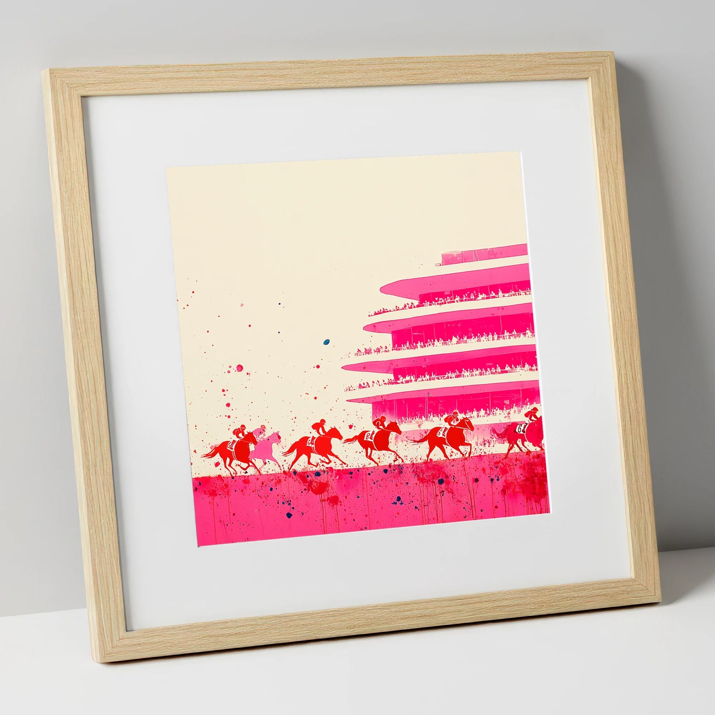 Magenta Grandstand Sprint racing horse art print in natural frame