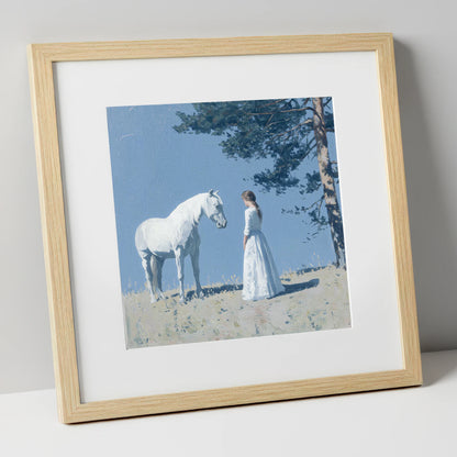 Beneath the Summer Pine horse & rider art print in natural frame