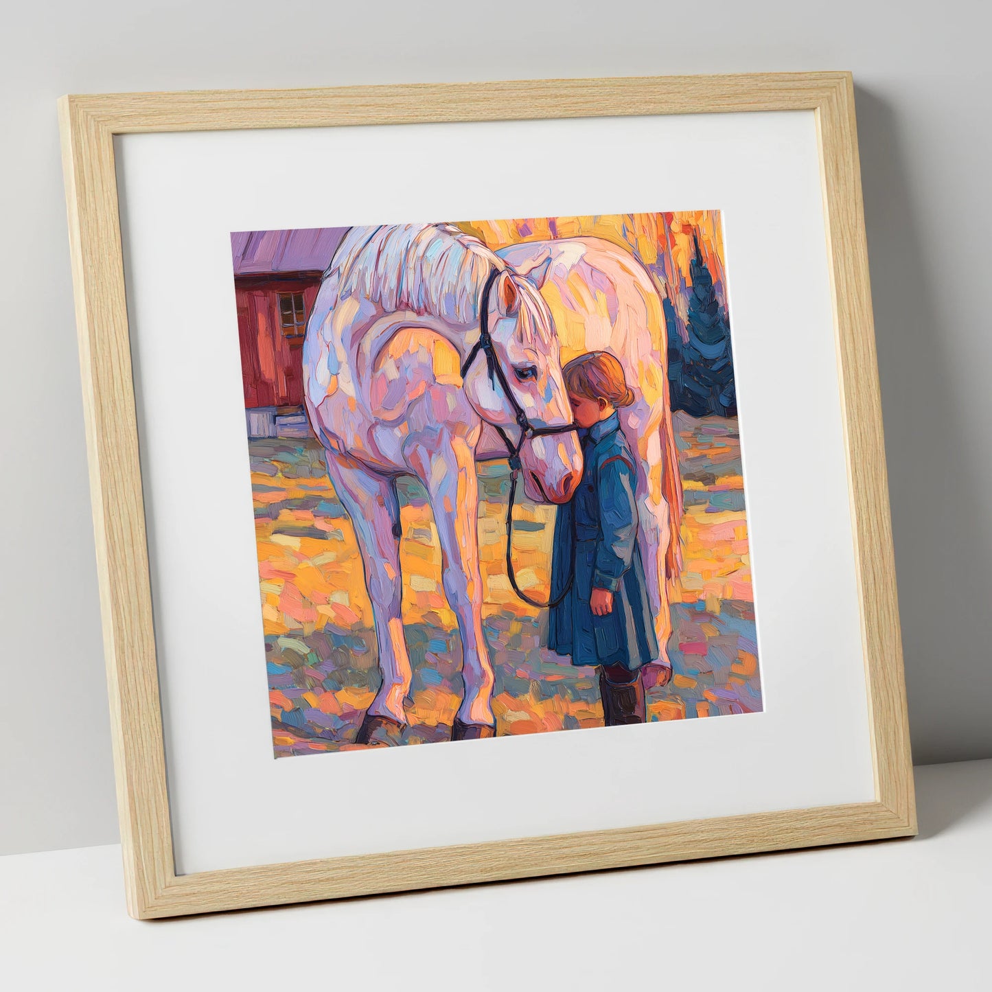A Quiet Connection horse & rider art print in natural frame