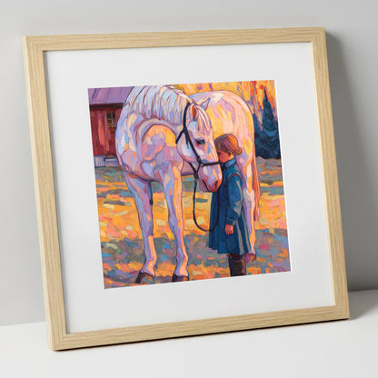 A Quiet Connection horse & rider art print in natural frame