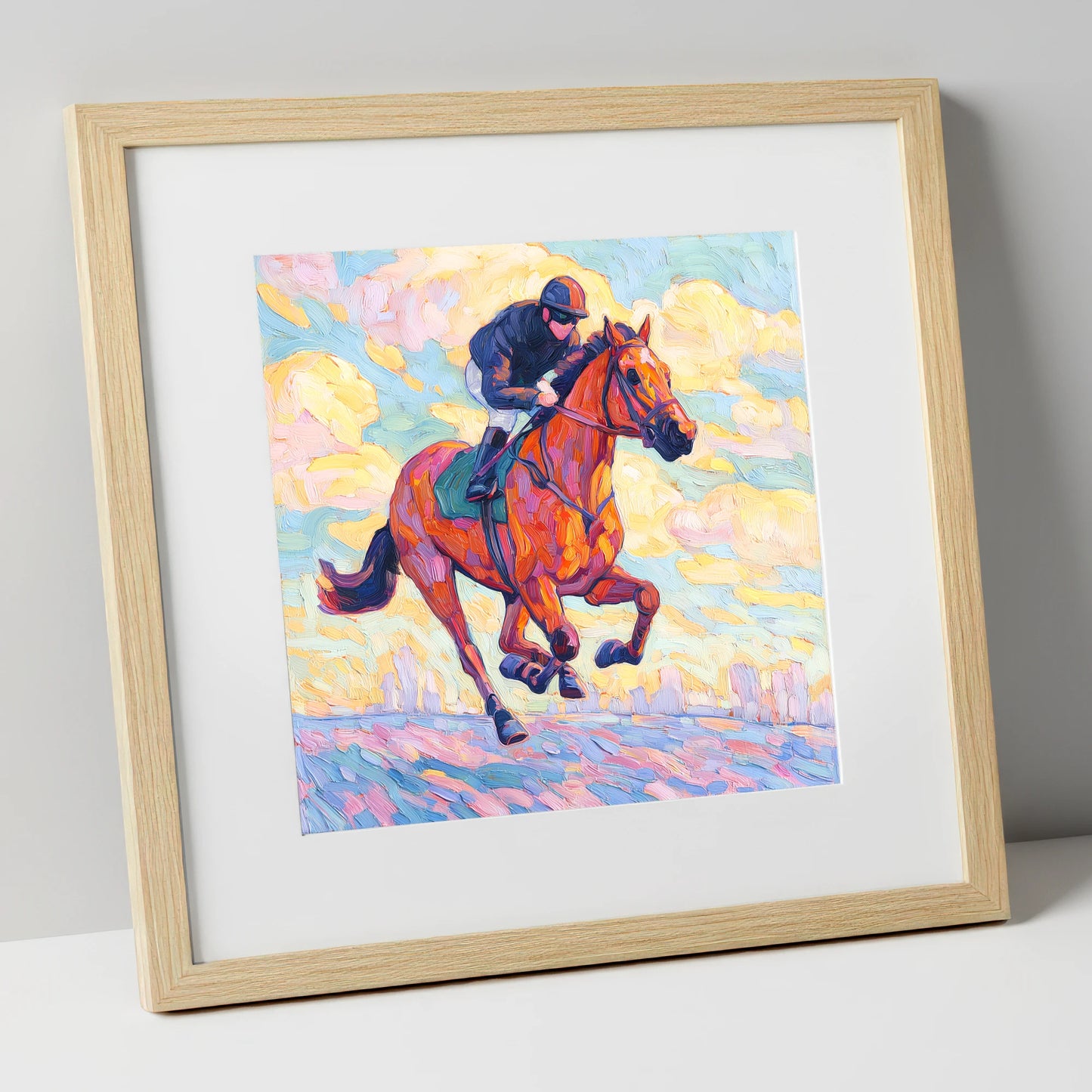 Technicolour Gallop racing horse art print in natural frame