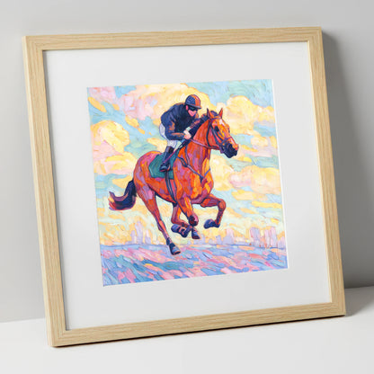 Technicolour Gallop racing horse art print in natural frame