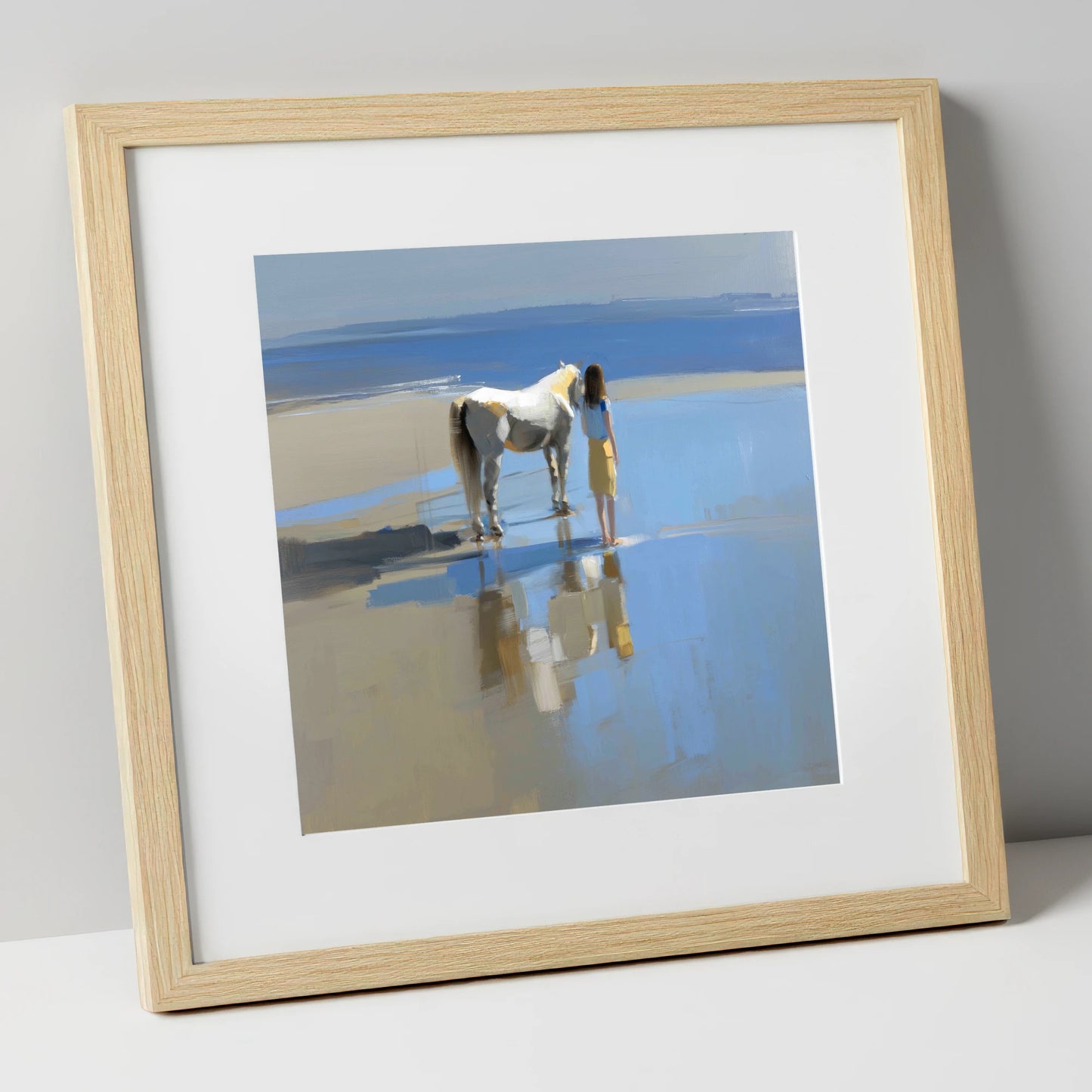 Reflections on the Shore horse & rider art print in natural frame