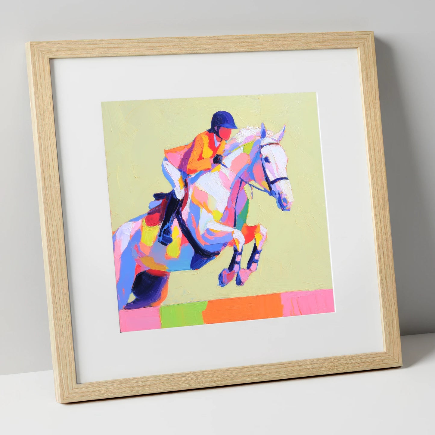 Technicolour Flight show jumping horse art print in natural frame