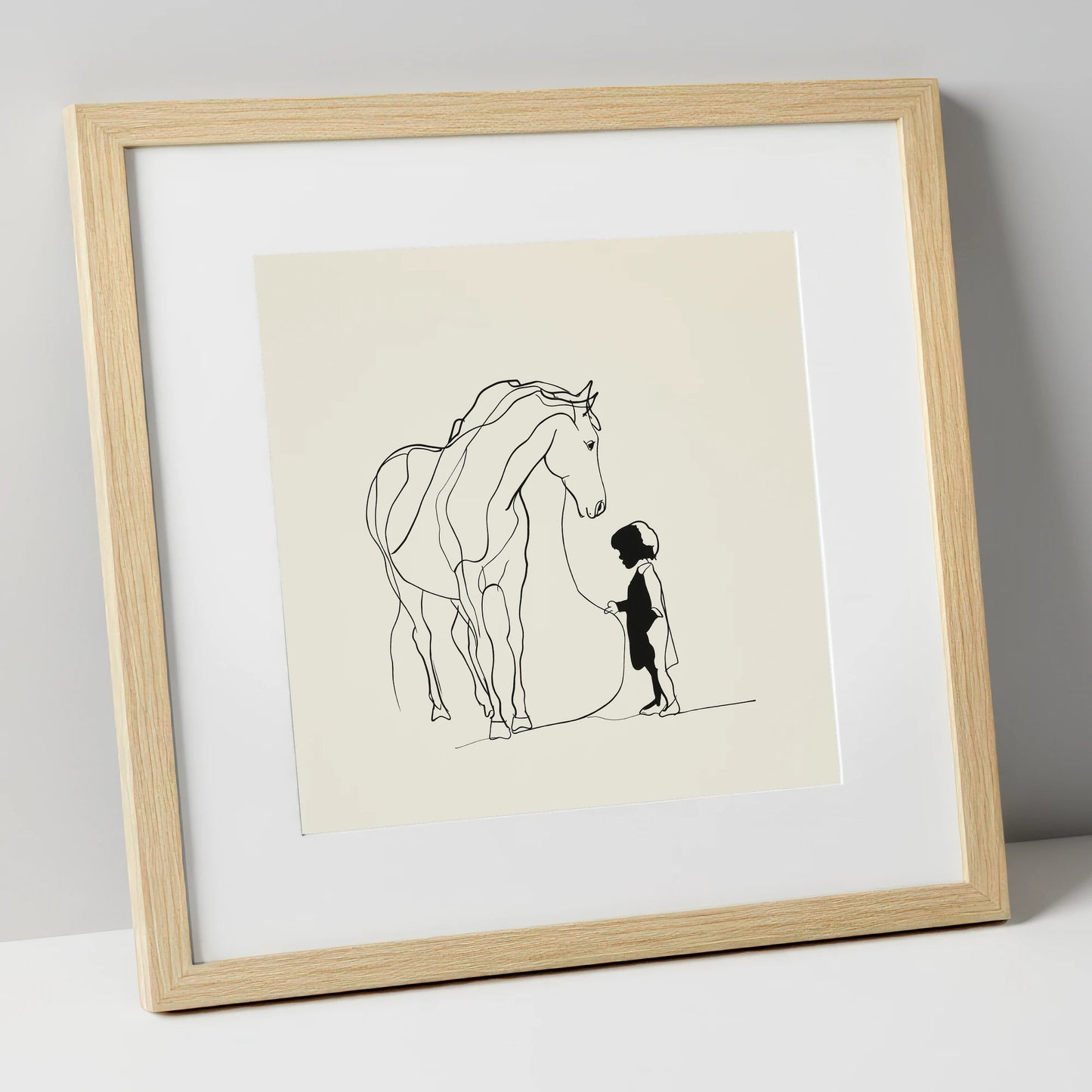 The Quiet Bond horse & rider art print in natural frame