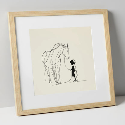 The Quiet Bond horse & rider art print in natural frame