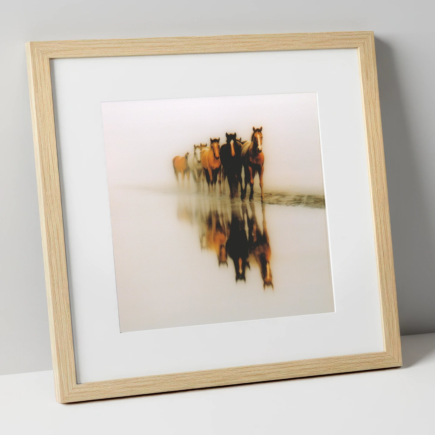 Emerging From The Mist wild horses art print in natural frame