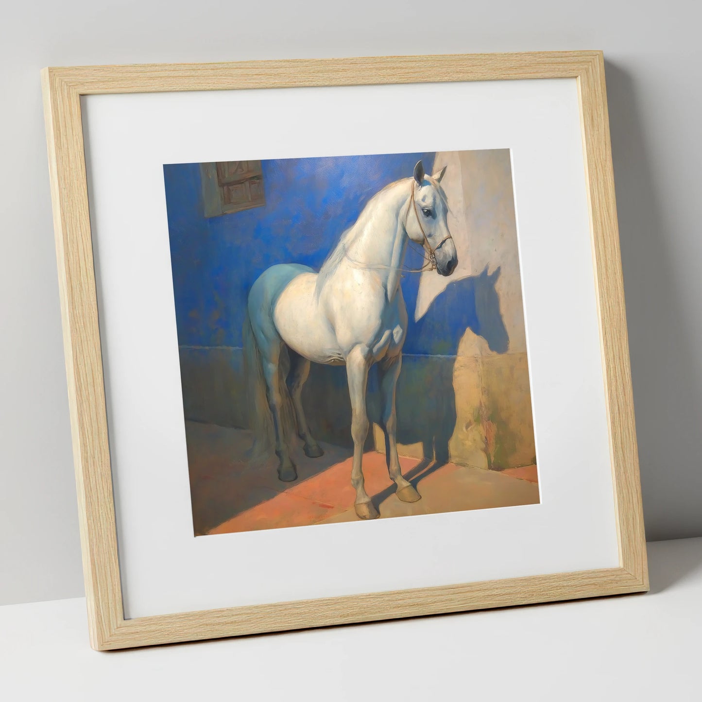 The Azure Courtyard horse breed art print in natural frame