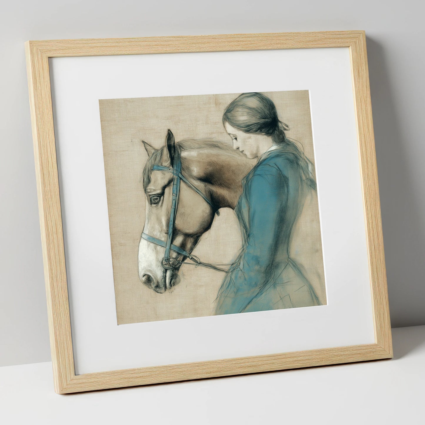 The Silent Bond horse & rider art print in natural frame