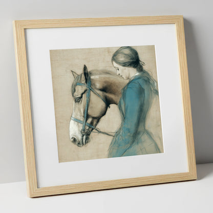 The Silent Bond horse & rider art print in natural frame