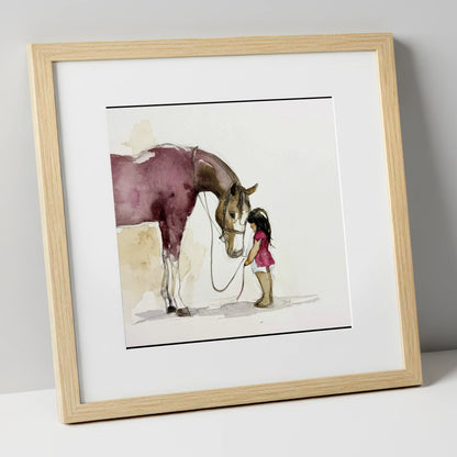A Quiet Understanding horse & rider art print in natural frame