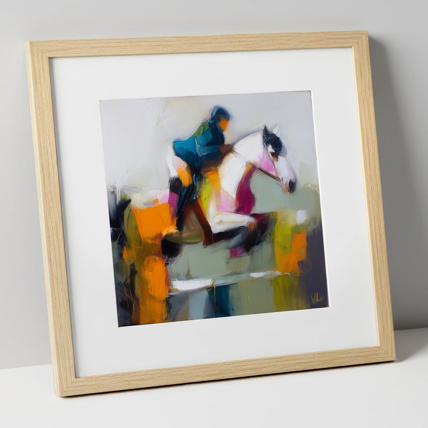 Vivid Flight show jumping horse art print in natural frame