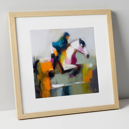 Vivid Flight show jumping horse art print in natural frame