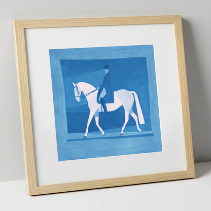 Blue Dressage Silhouette dressage horse art print in natural frame