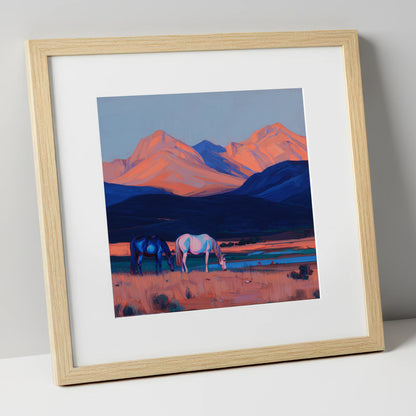 Dusk Mountain Pasture horse landscape art print in natural frame