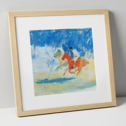 Cerulean Polo Chase polo horse art print in natural frame