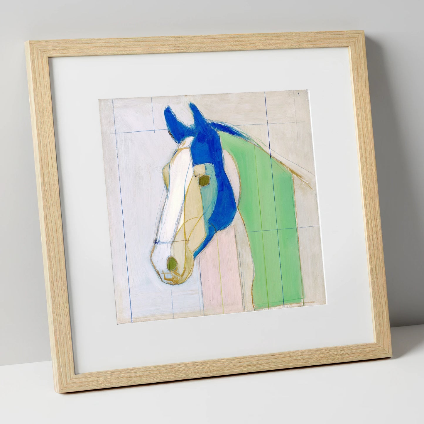 Architectural Azure Profile horse portrait art print in natural frame