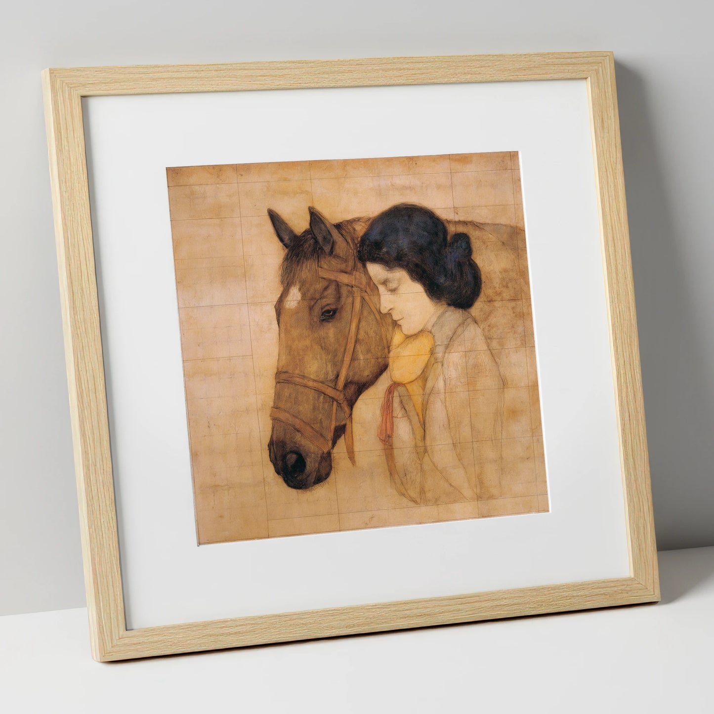 The Silent Bond horse & rider art print in natural frame