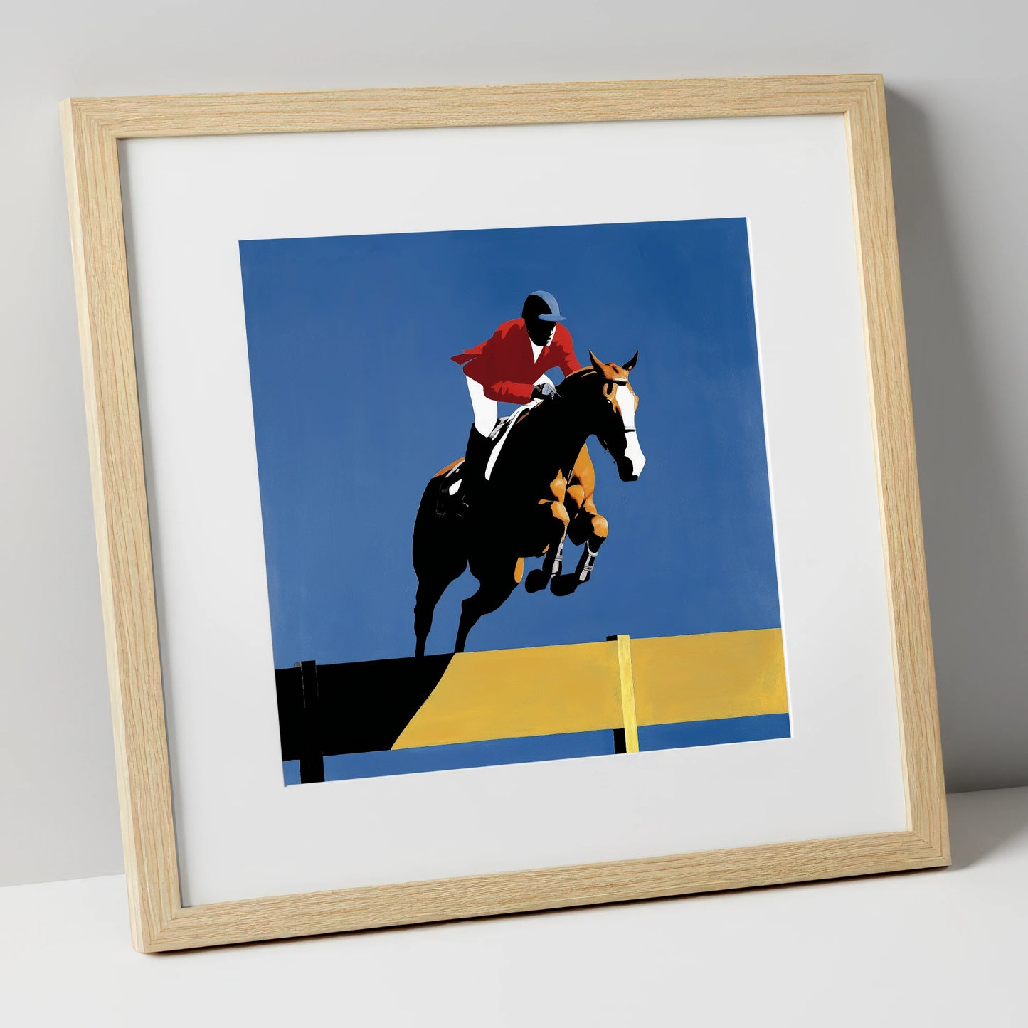 Suspended in Blue show jumping horse art print in natural frame