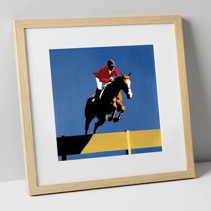 Suspended in Blue show jumping horse art print in natural frame