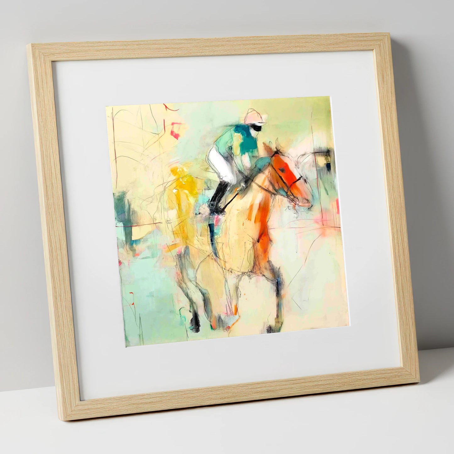 The Fleeting Stride racing horse art print in natural frame