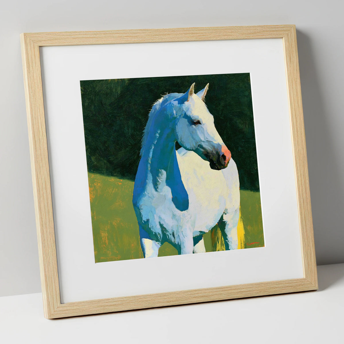 Grey Horse with Blue Shadows horse breed art print in natural frame