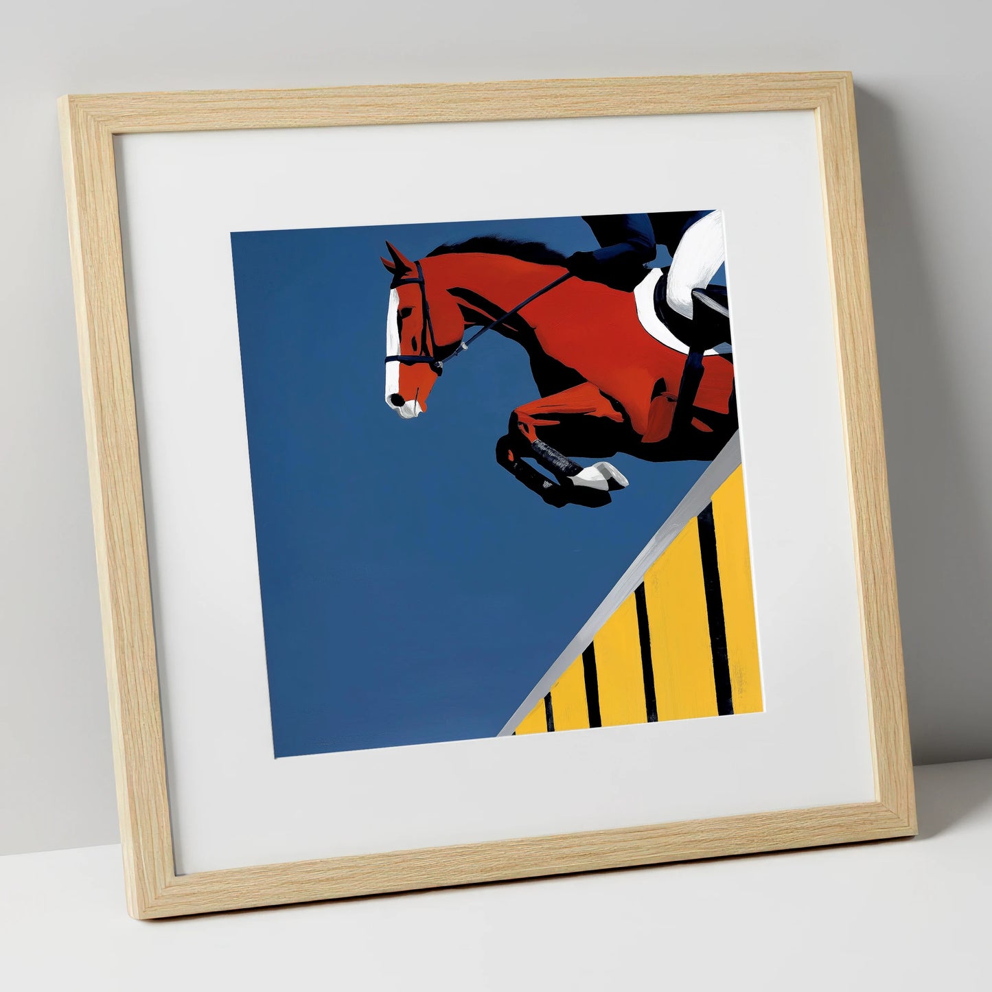 Suspended in Blue show jumping horse art print in natural frame