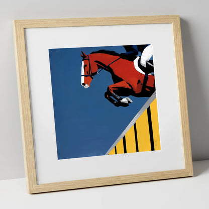Suspended in Blue show jumping horse art print in natural frame