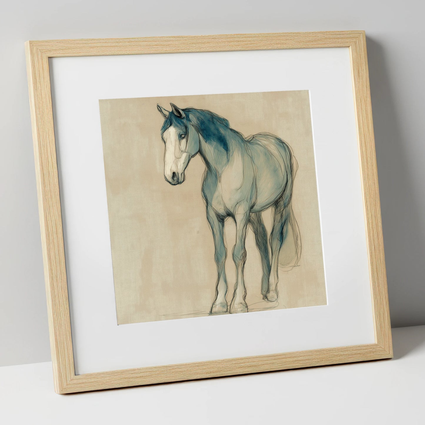 Azure Equine Sketch horse portrait art print in natural frame