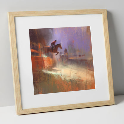 Violet And Sienna Ascent show jumping horse art print in natural frame