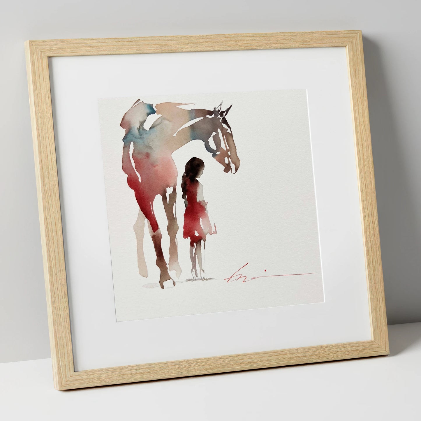Silent Bond horse & rider art print in natural frame