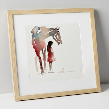 Silent Bond horse & rider art print in natural frame