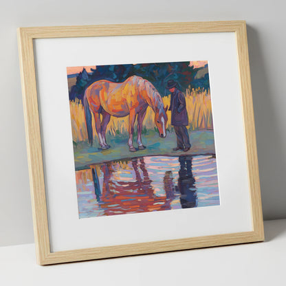 Quiet Reflections horse & rider art print in natural frame