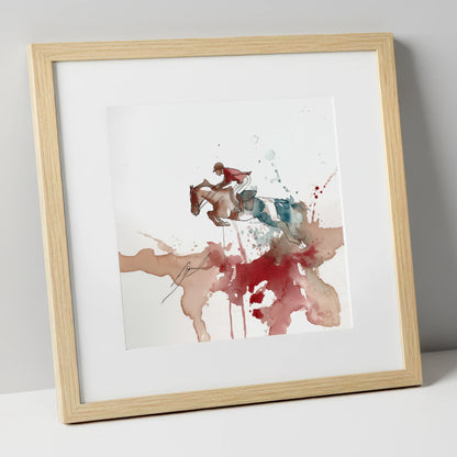 Crimson Flight show jumping horse art print in natural frame