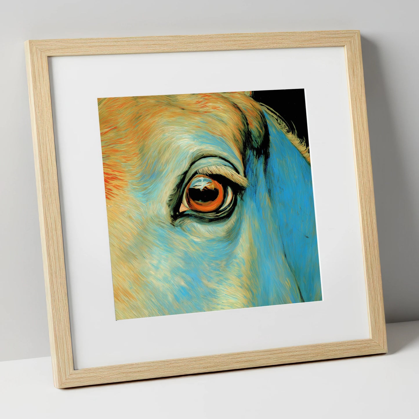 The Azure Gaze horse portrait art print in natural frame