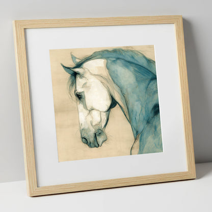 Teal Equine Study horse portrait art print in natural frame