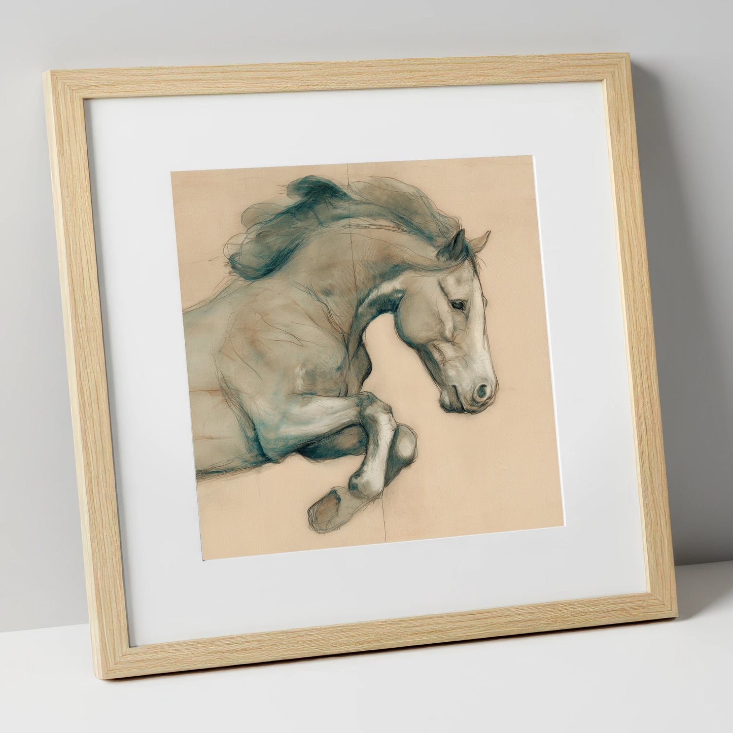 Suspended Grace horse portrait art print in natural frame