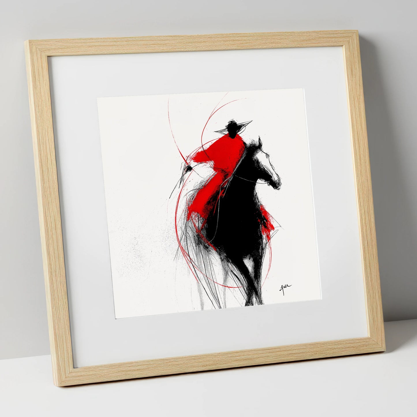 Crimson Surge racing horse art print in natural frame