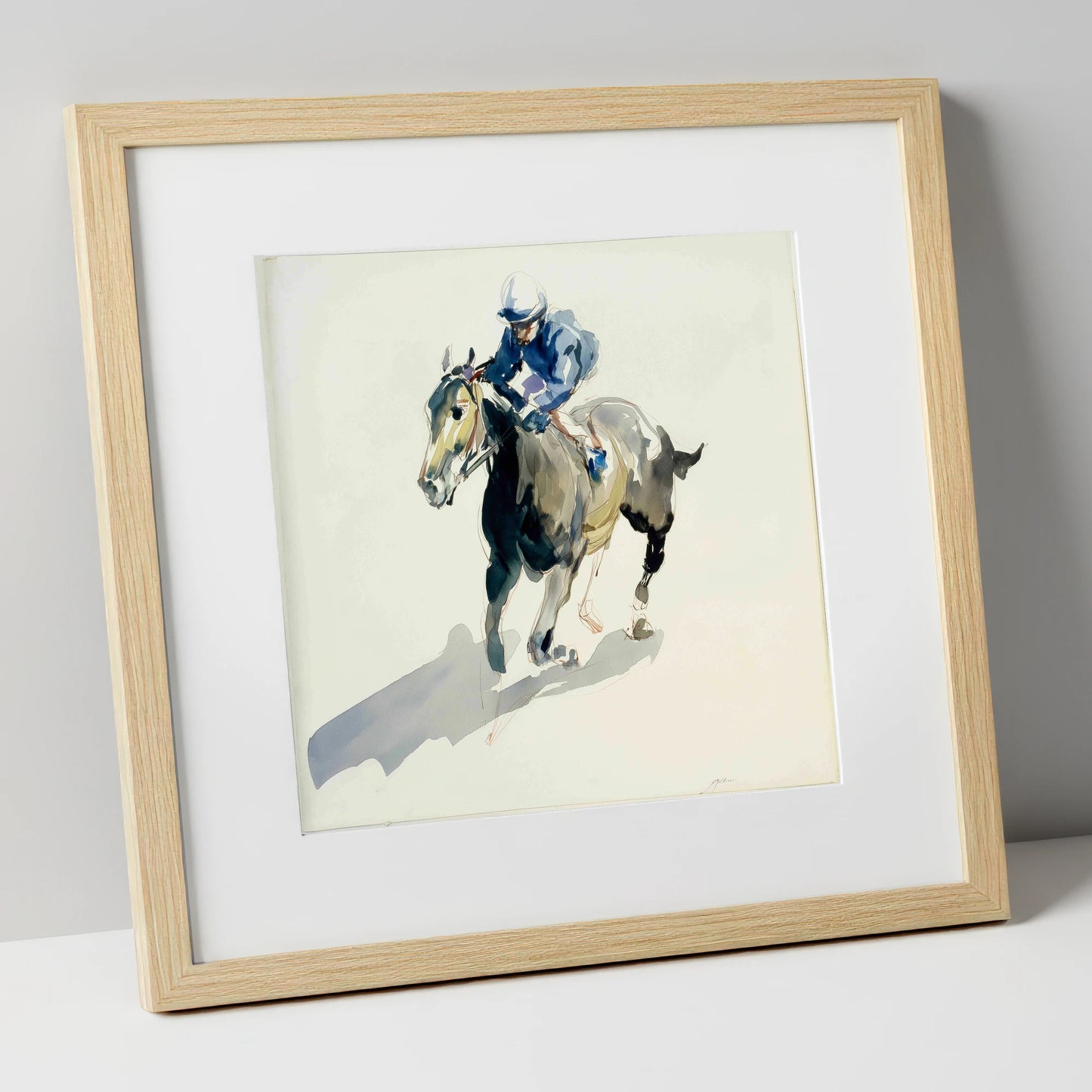 Mid-Stride in Indigo racing horse art print in natural frame