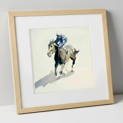 Mid-Stride in Indigo racing horse art print in natural frame