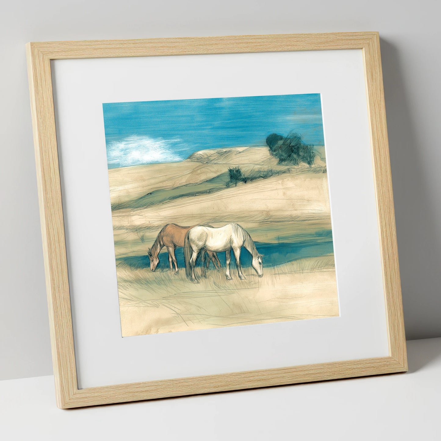Grazing Beneath Teal Skies horse landscape art print in natural frame