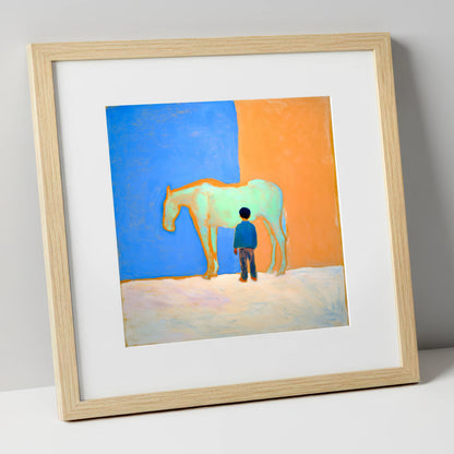 A Silent Understanding horse & rider art print in natural frame
