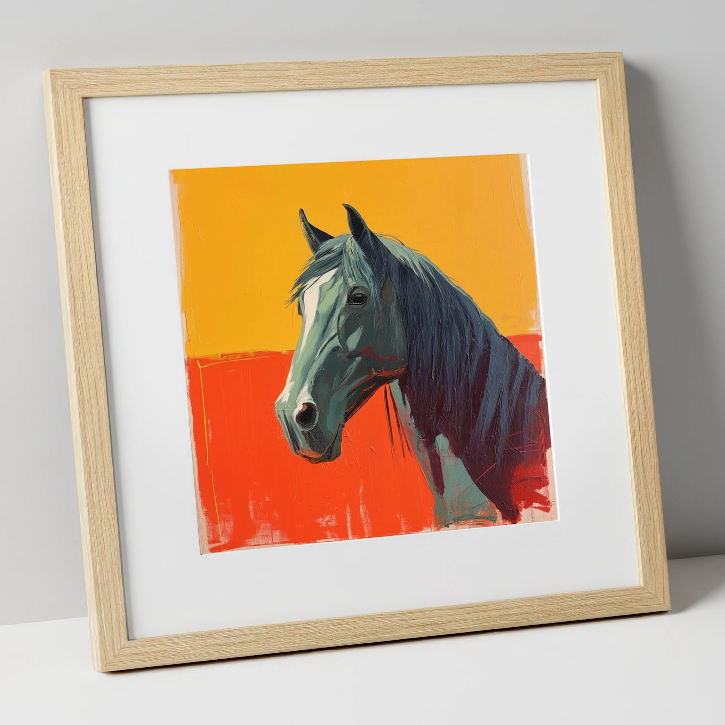 Fiery Grey Portrait horse breed art print in natural frame