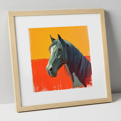 Fiery Grey Portrait horse breed art print in natural frame