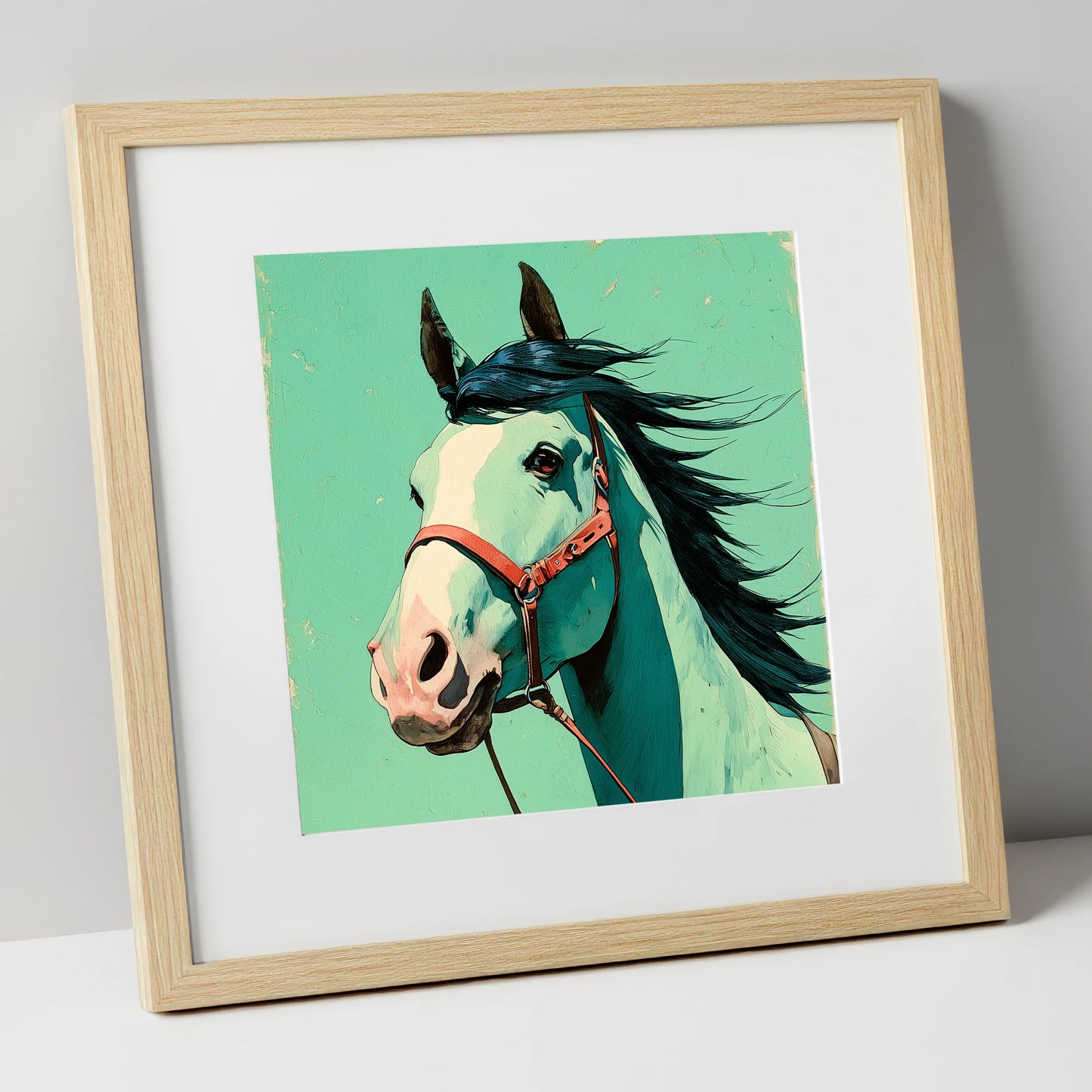 Windswept in Teal horse breed art print in natural frame