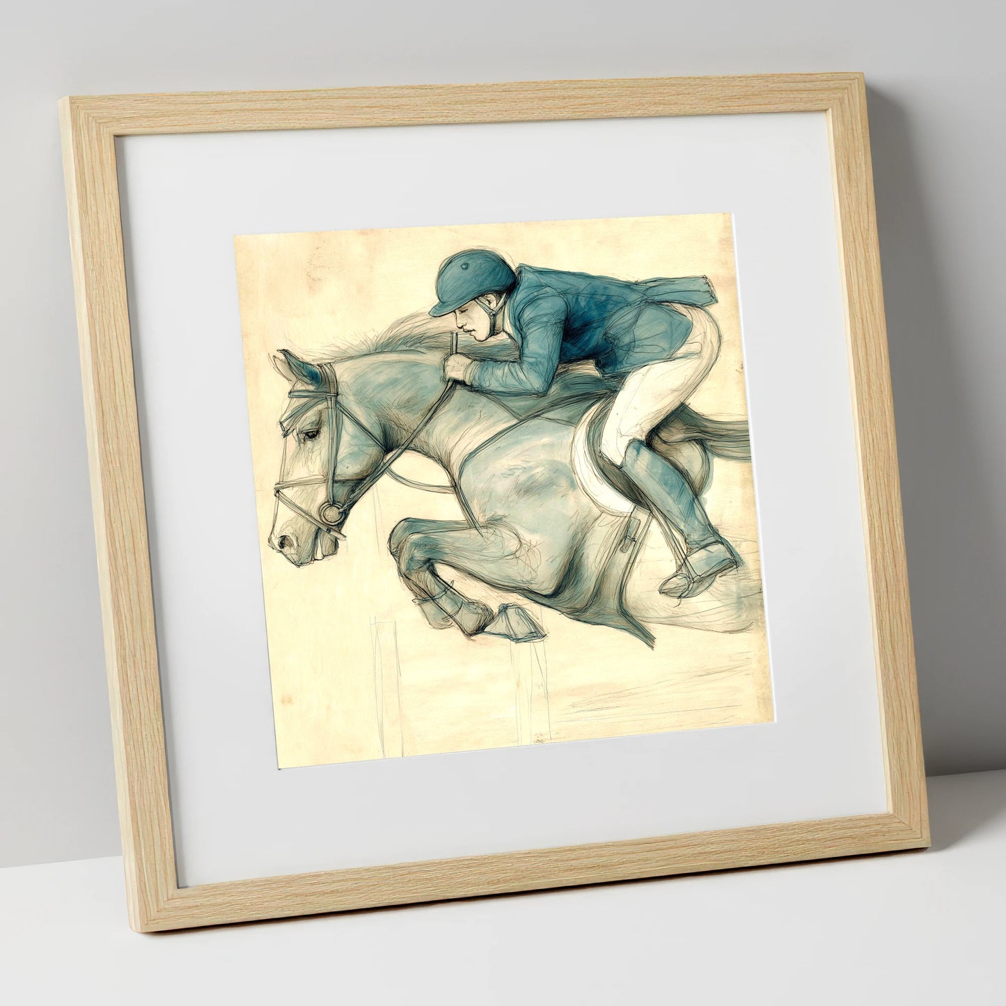 The Perfect Arc show jumping horse art print in natural frame